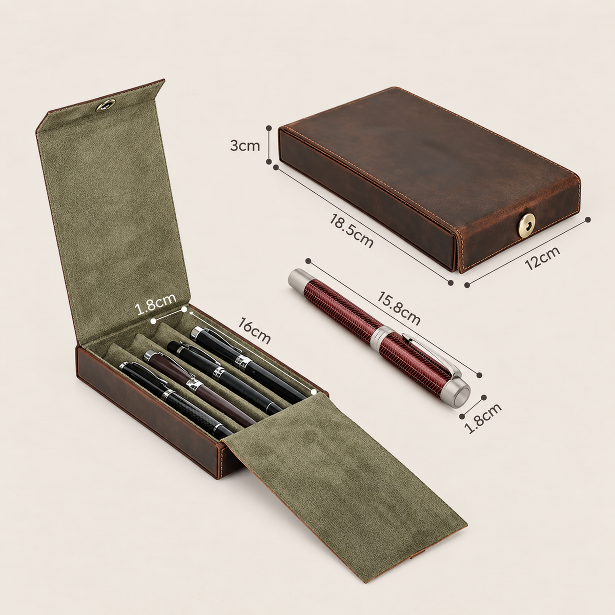 Compact leather 4-pen case with a secure magnetic closure