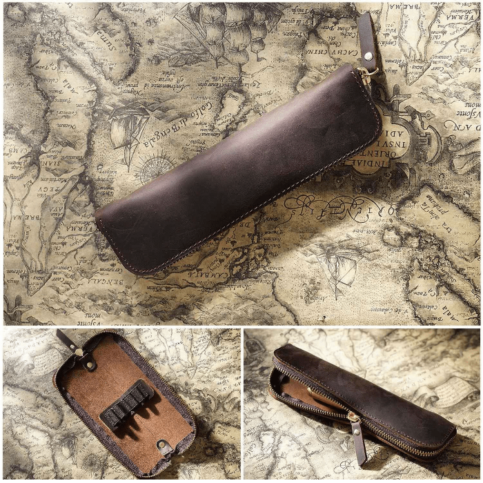 Leather pen case with a secure zipper closure