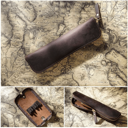 Leather pen case with a secure zipper closure