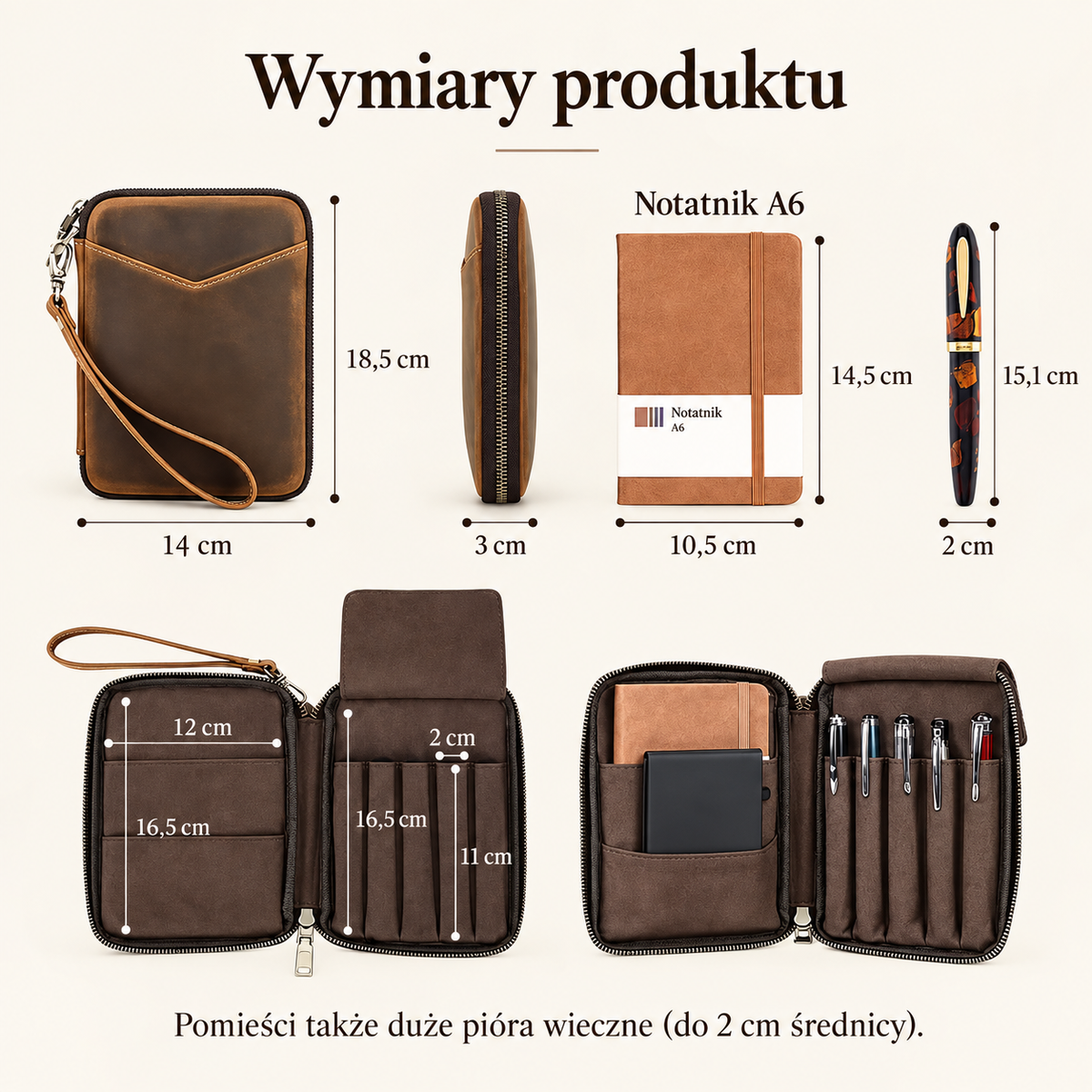 Open leather organizer showing space for five pens and an A6 notebook