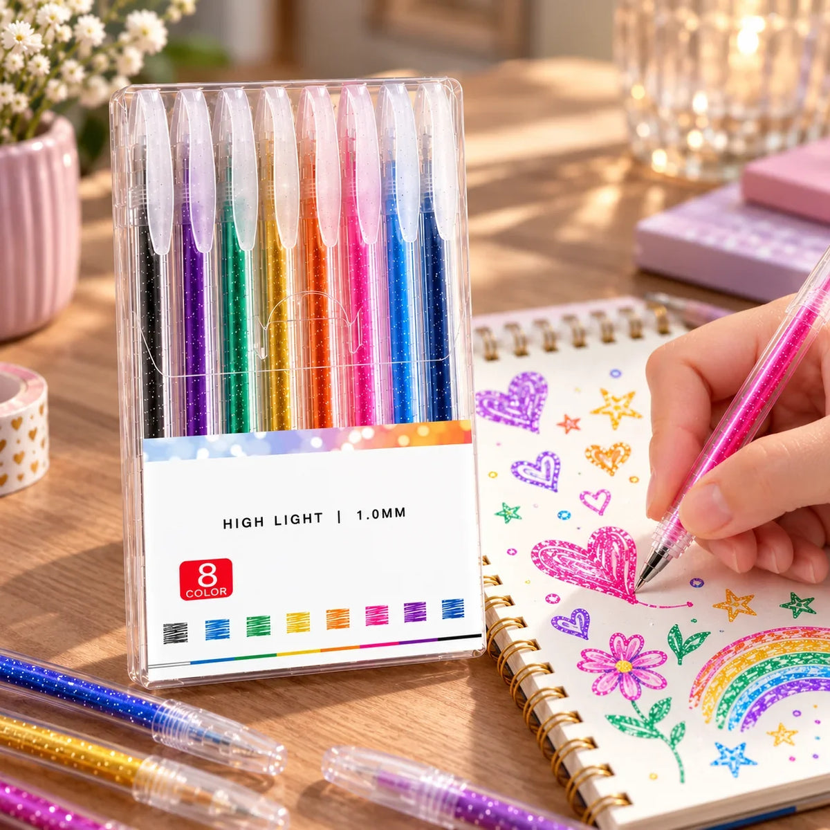 Fine-tip glitter gel pens shown together on a clean white surface