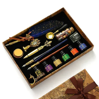 Antique Wooden Feather Dip Pen and Wax Seal Stamp Kit