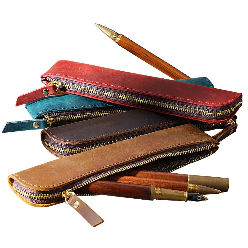 Pencil Case Genuine Cowhide Leather Retro Zipper Pouch