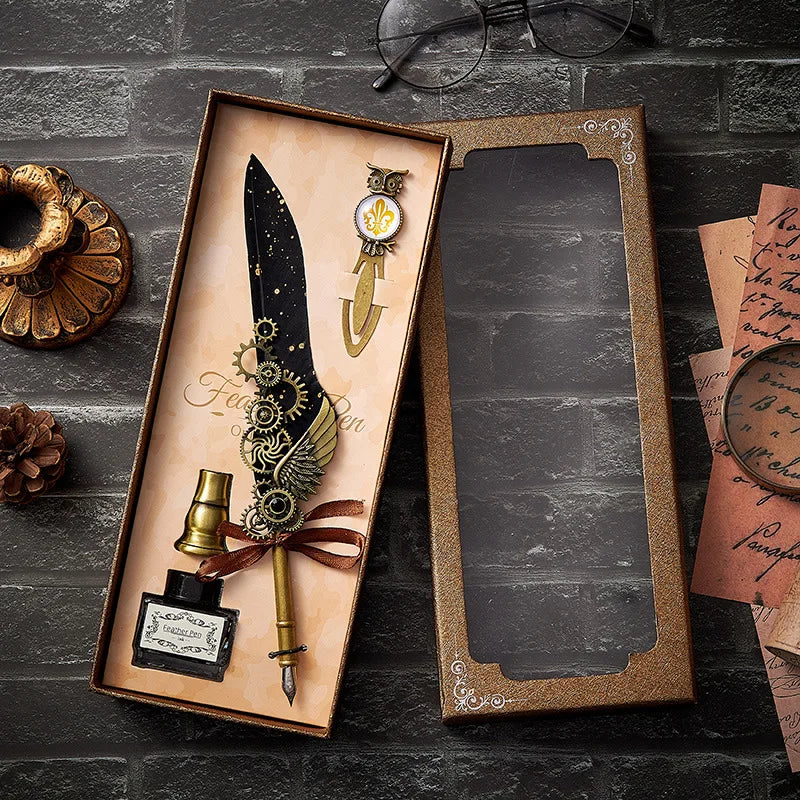 Vintage Mechanical Feather Dip Pen Set