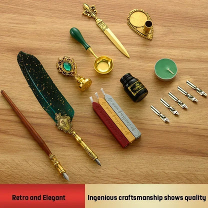 Antique Wooden Feather Dip Pen and Wax Seal Stamp Kit
