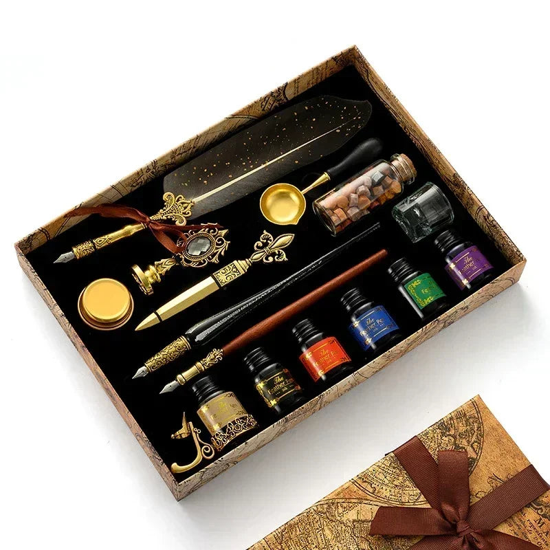 Antique Wooden Feather Dip Pen and Wax Seal Stamp Kit