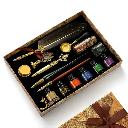 Antique Wooden Feather Dip Pen and Wax Seal Stamp Kit