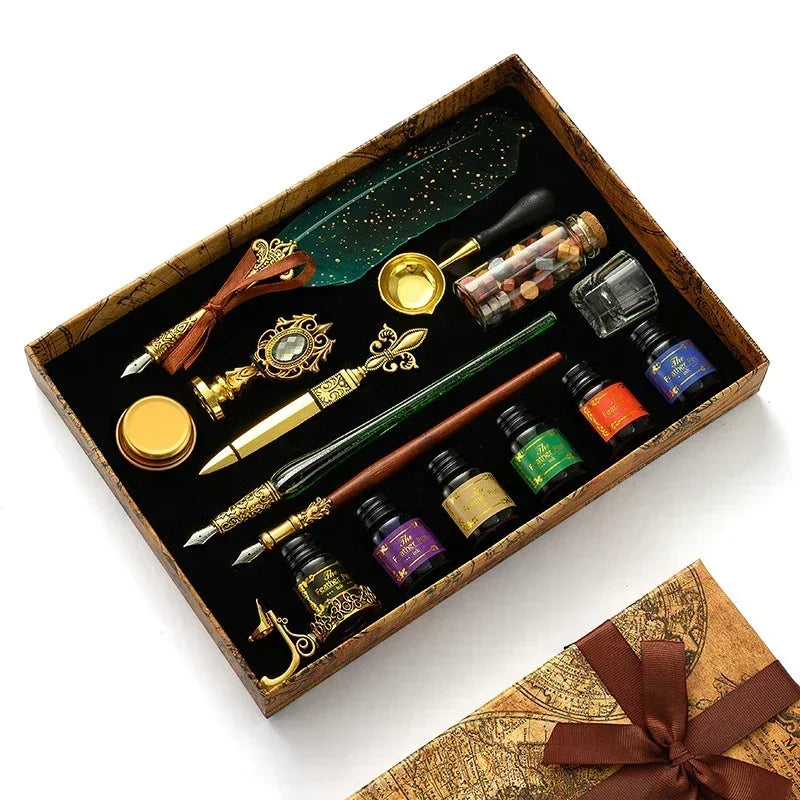 Antique Wooden Feather Dip Pen and Wax Seal Stamp Kit