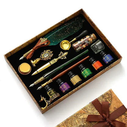 Antique Wooden Feather Dip Pen and Wax Seal Stamp Kit
