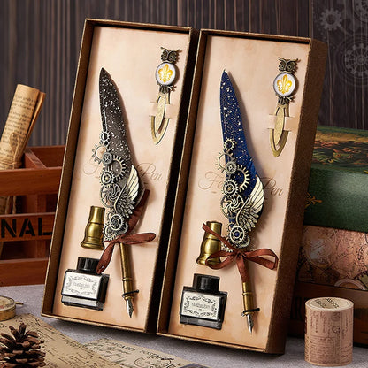 Vintage Mechanical Feather Dip Pen Set