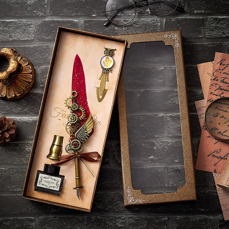 Vintage Mechanical Feather Dip Pen Set