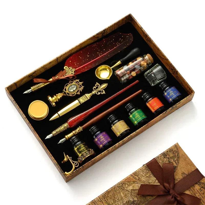 Antique Wooden Feather Dip Pen and Wax Seal Stamp Kit