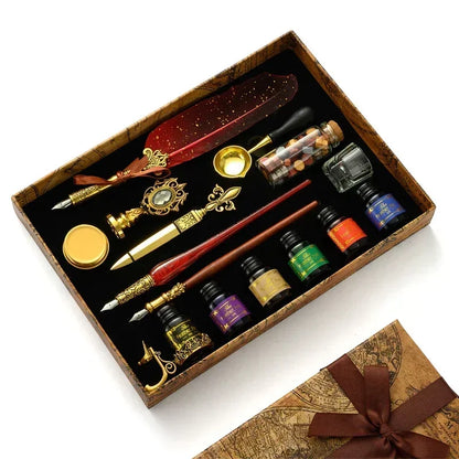 Antique Wooden Feather Dip Pen and Wax Seal Stamp Kit