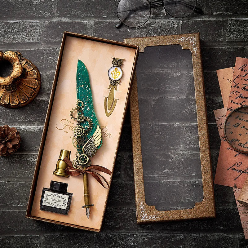 Vintage Mechanical Feather Dip Pen Set