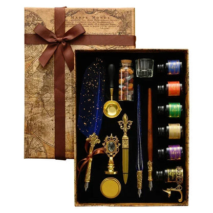 Antique Wooden Feather Dip Pen and Wax Seal Stamp Kit
