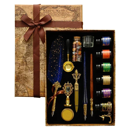 Antique Wooden Feather Dip Pen and Wax Seal Stamp Kit
