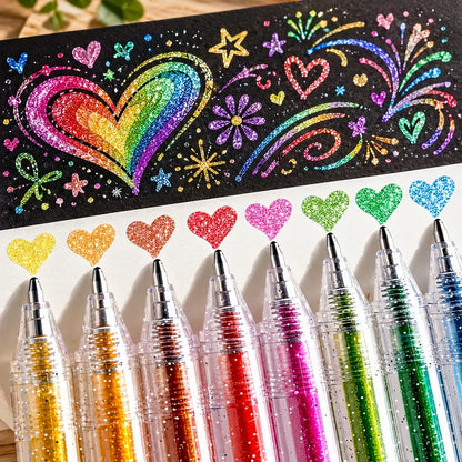 Several glitter gel pens arranged diagonally to show the complete set