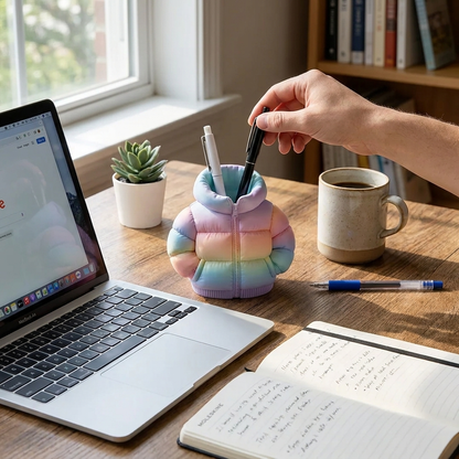 3D printed jacket-shaped pen holder displayed on a desk