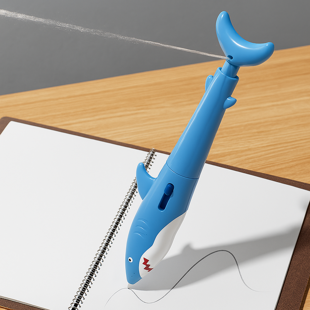 Shark-shaped water squirter pen prank toy shown from the front