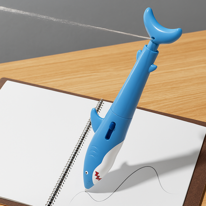 Shark-shaped water squirter pen prank toy shown from the front
