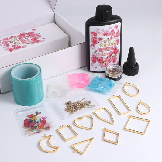 18PCS DIY Resin Jewelry Kit – UV Glue, Frames & Fillings for Creative Family Fun