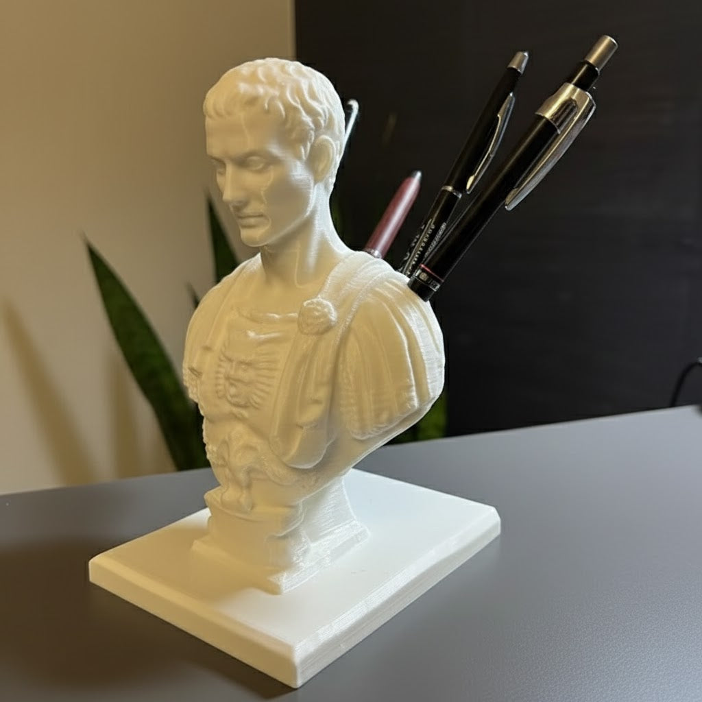 Sculptural bust-shaped pen holder displayed as a desk organizer
