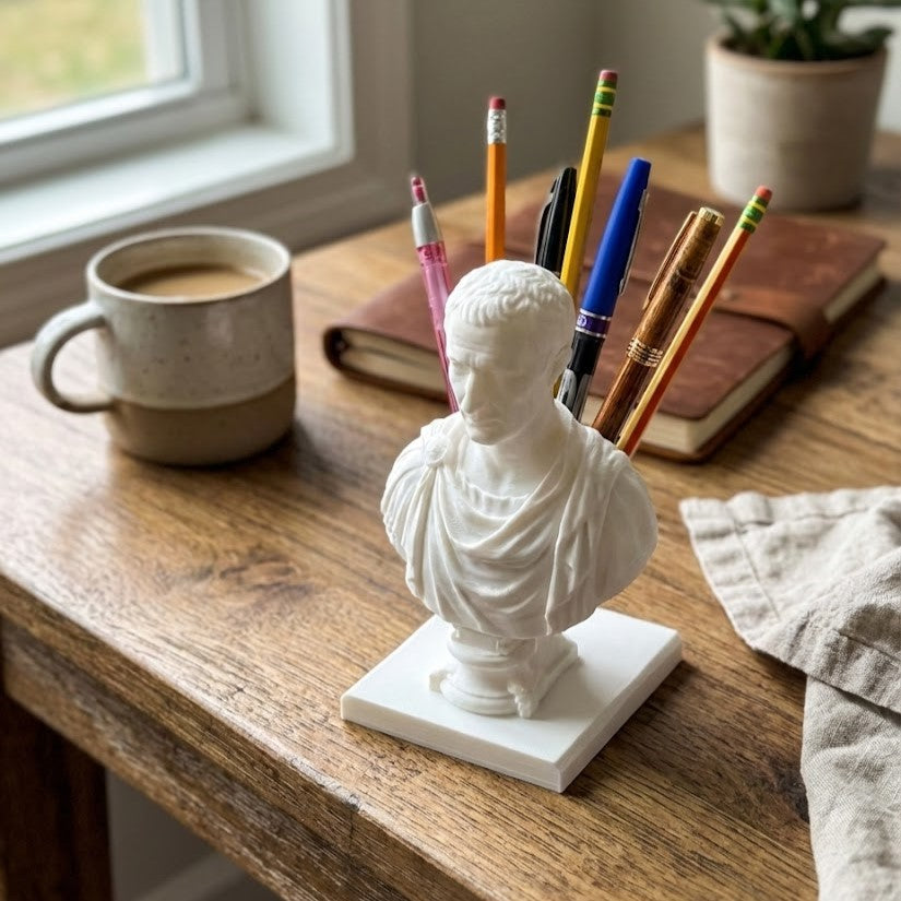 Close-up of the bust design used to hold pens and pencils