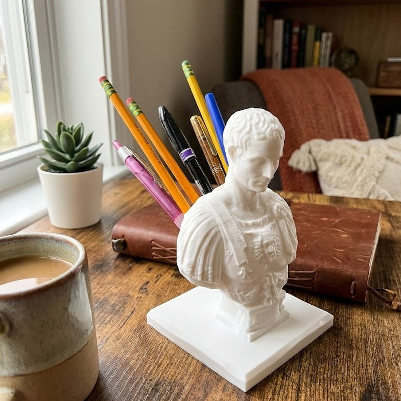 Pen holder desk organizer arranged with writing tools on a workspace